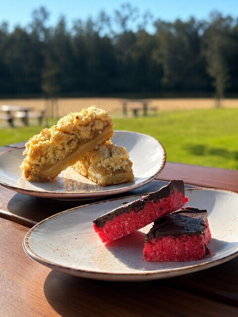 House-baked slices and cakes on a plate