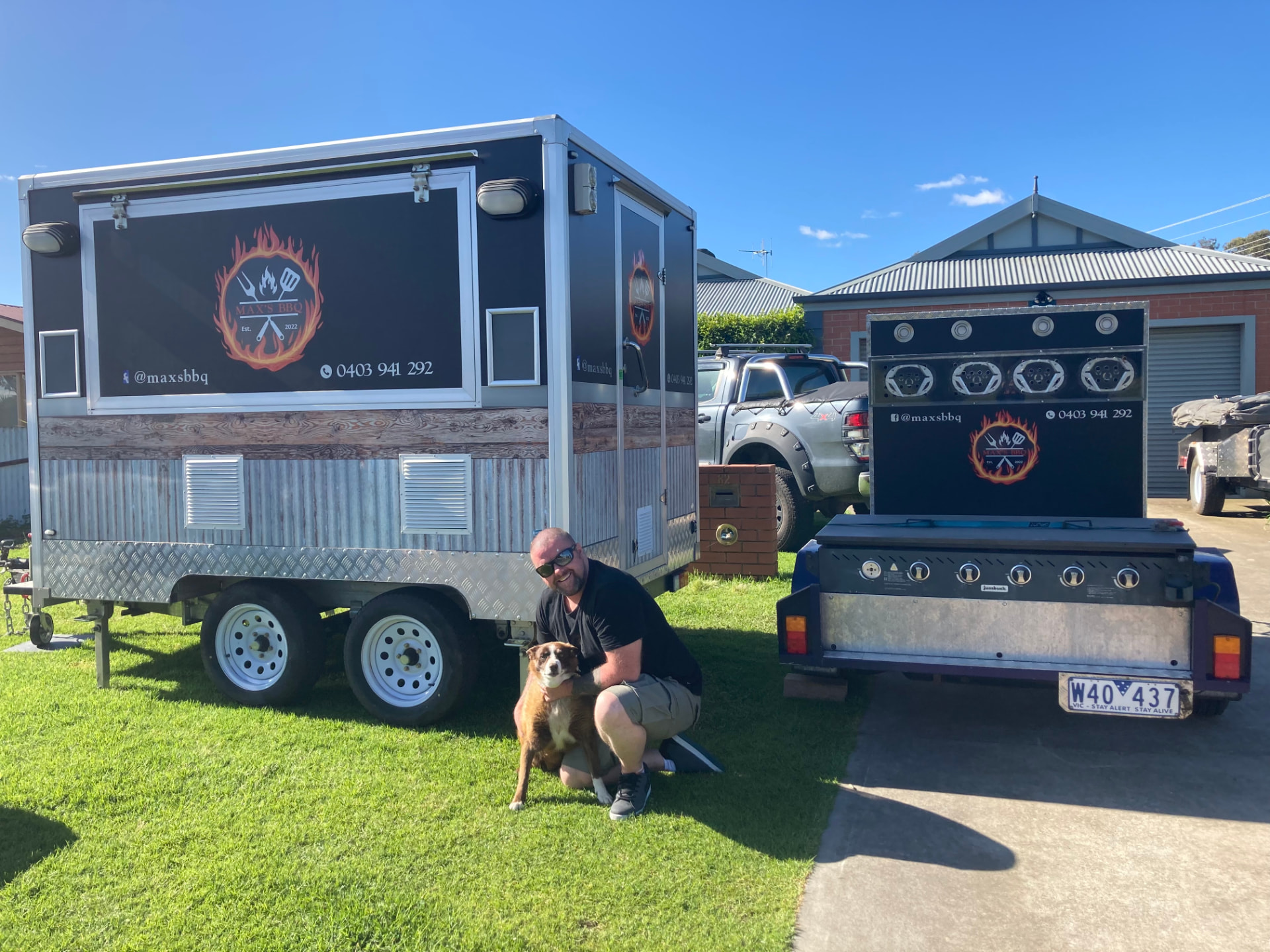 American street food trailer beside the Murray River at dusk