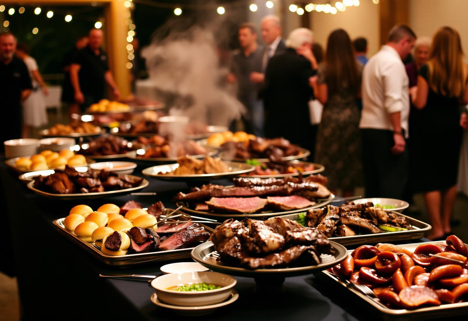 Long catering table filled with BBQ platters and sides