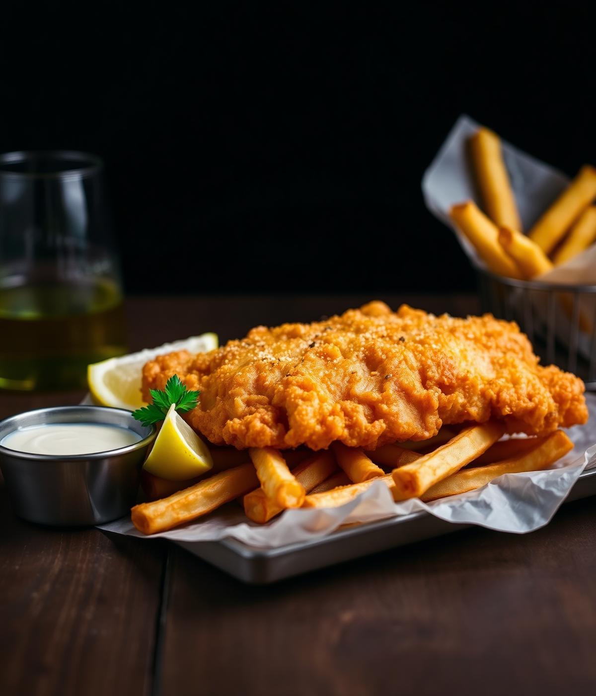 Beer battered fish with chips and tartare