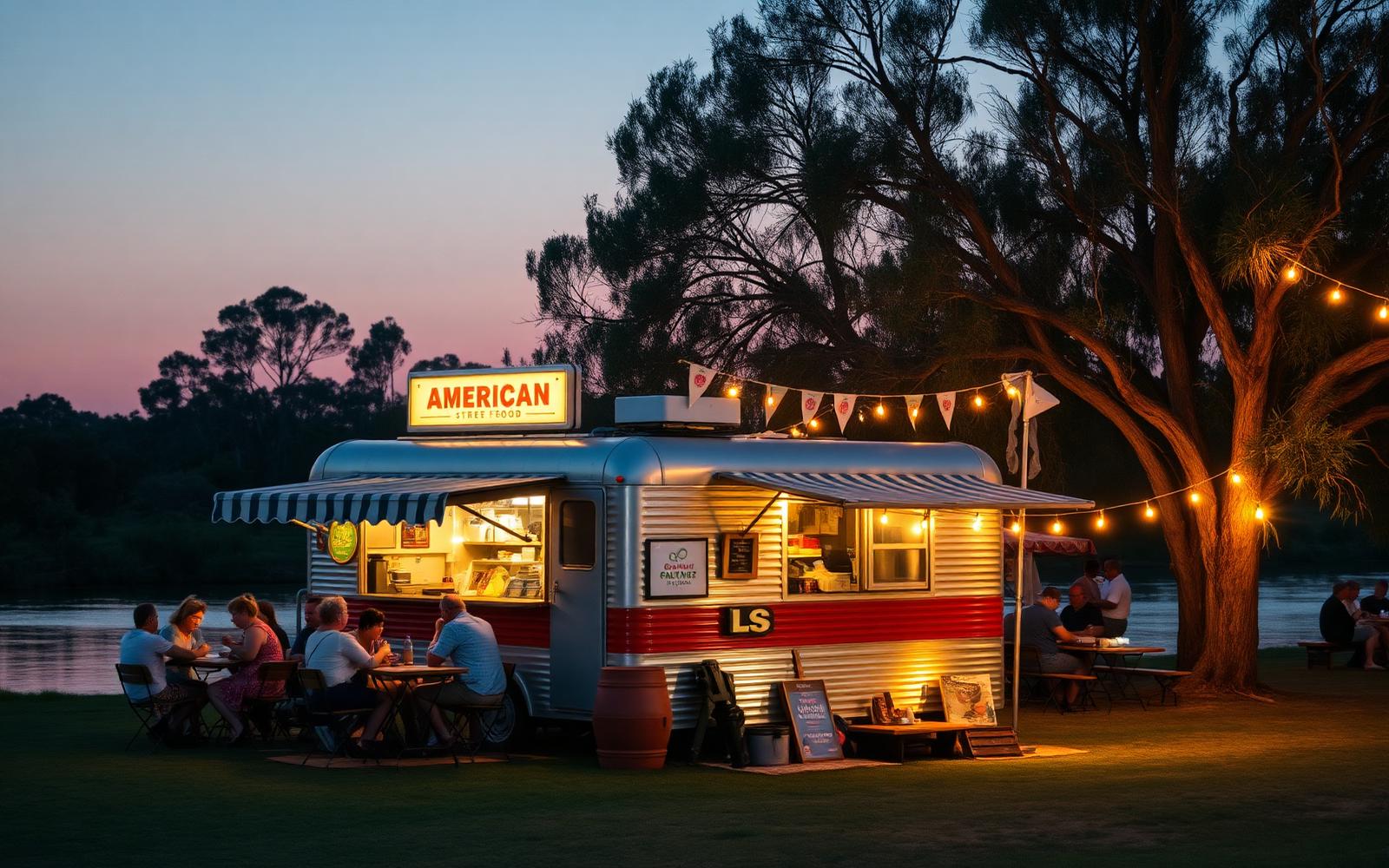 Max's food trailer beside the Murray River at dusk