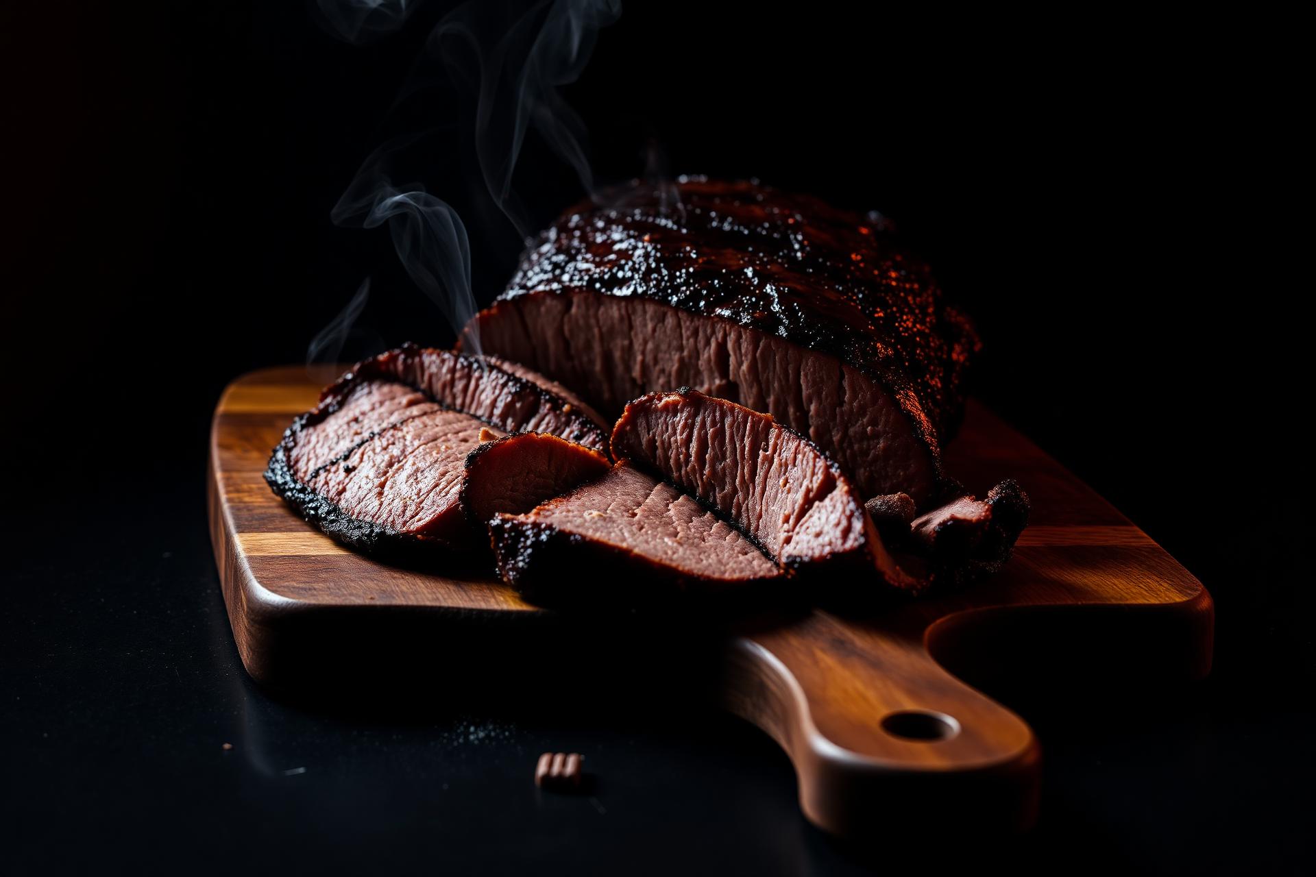 Sliced smoked brisket on a wooden board